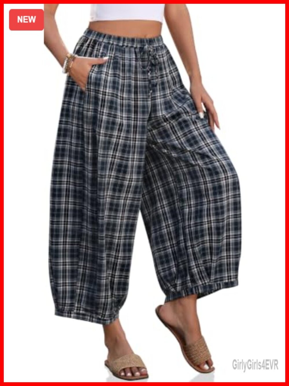 Cotton Linen Wide Leg Palazzo Pants Pockets Drawstring Plaid